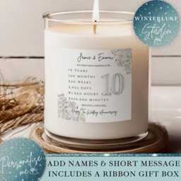 Personalised 10Th Wedding Anniversary Candle Gift Set, Tin Anniversary, Milestone Candle, Keepsake Mum & Dad - thumbnail 1
