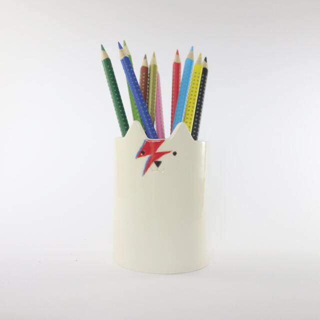 Ziggy Starcat Pen Holder David Bowie Inspired White Cat Pot - image 1