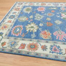 Handwoven Blue Oushak Wool Rug, Floral Fine Woolstyle Ar_3333 - thumbnail 3