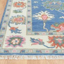 Handwoven Blue Oushak Wool Rug, Floral Fine Woolstyle Ar_3333 - thumbnail 4