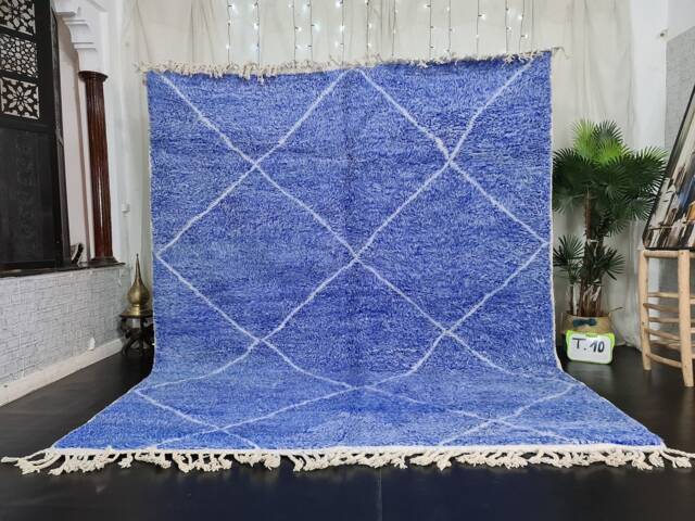 Shaggy Blue Carpet, Handmade Moroccan Rug, Beni Ourain Area Classic Diamond Design, Berber Crafted Wool Customizable - image 1