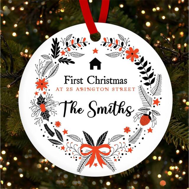 First Home Black Red Wreath Personalised Christmas Tree Ornament Decoration