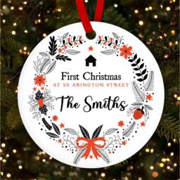 First Home Black Red Wreath Personalised Christmas Tree Ornament Decoration