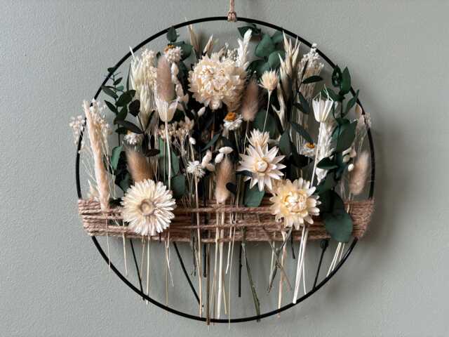 Boho Dried Flower Wall Hanging With Eucalyptus - Natural Floral Hoop For Meditation, Relaxation, Rustic & Modern Home Decor - image 1