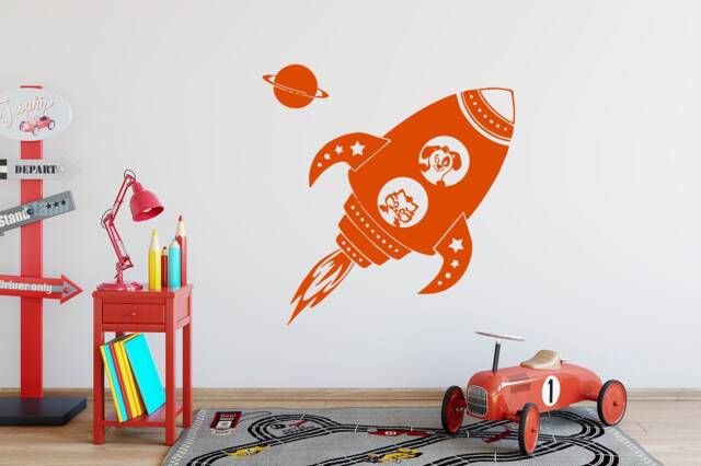 Nursery Wall Decals Rocket & Planets Space Decal Puppy Kittenvinyl Sticker Kids Bedroom Decor Chu1344 - image 1
