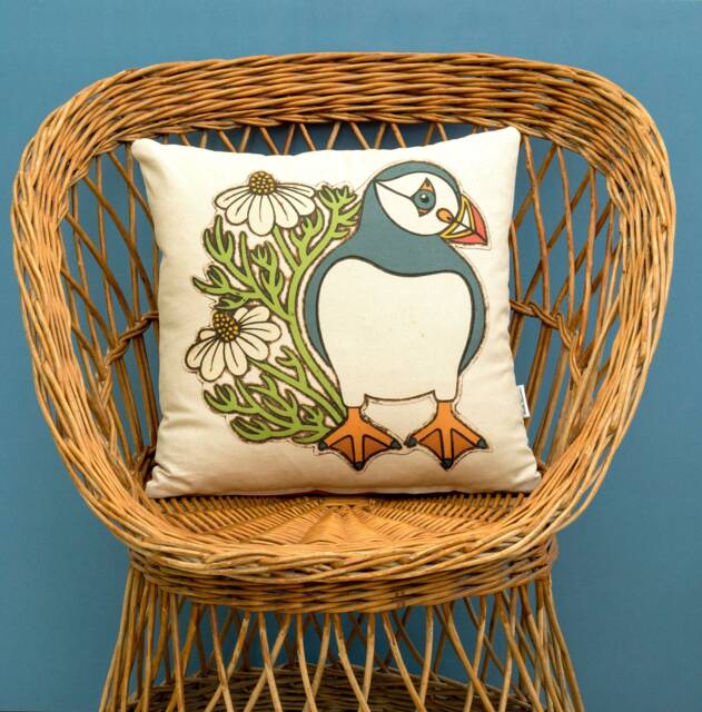 Puffin & Chamomile Cushion Cover Scatter British Birds Wildlife Gift For Friend Birthday Housewarming Wedding - image 1