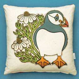 Puffin & Chamomile Cushion Cover Scatter British Birds Wildlife Gift For Friend Birthday Housewarming Wedding - thumbnail 2