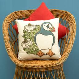 Puffin & Chamomile Cushion Cover Scatter British Birds Wildlife Gift For Friend Birthday Housewarming Wedding - thumbnail 3