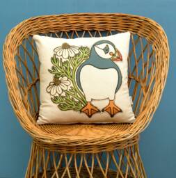 Puffin & Chamomile Cushion Cover Scatter British Birds Wildlife Gift For Friend Birthday Housewarming Wedding - thumbnail 1