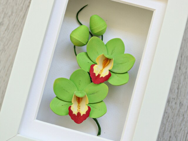 Green Orchid Mini Wall Decor - Cymbidium Tropical Flowers Art Paper Anniversary Small Botanical Framed Lover Gift - image 1