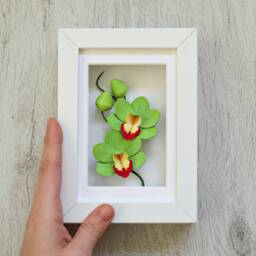 Green Orchid Mini Wall Decor - Cymbidium Tropical Flowers Art Paper Anniversary Small Botanical Framed Lover Gift - thumbnail 2