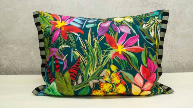 Cotton Print Decorative Cushion With Tropical Floral Motif - image 1
