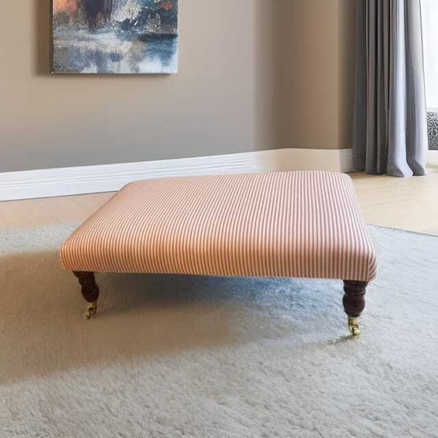 Handmade Ticking Fabric Ottoman - Wooden Castor Legs, Footstool Coffee Table - image 1