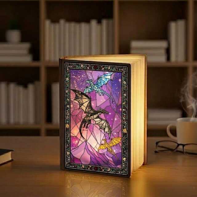 Dragon Book Lamp, Rider Fantasy Scene, Empyrean Stained Glass Style, Led Foldable Light, Dark Night Light - image 1