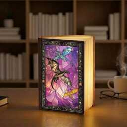 Dragon Book Lamp, Rider Fantasy Scene, Empyrean Stained Glass Style, Led Foldable Light, Dark Night Light - thumbnail 1