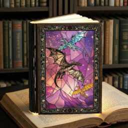 Dragon Book Lamp, Rider Fantasy Scene, Empyrean Stained Glass Style, Led Foldable Light, Dark Night Light - thumbnail 2