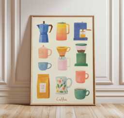Colorful Coffee Poster Print, Modern Kitchen Wall Art, Barista Maker Illustration, Cute Cafe Decor, Watercolor Style Art - thumbnail 1