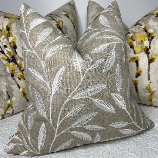 Iliv Whitewell Linen Fabric , Embroidered Leaf Trial Cushion Cover, Pillow Cover - Beige Natural- White Double Sided - image 1