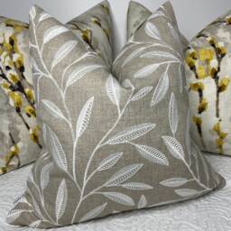 Iliv Whitewell Linen Fabric , Embroidered Leaf Trial Cushion Cover, Pillow Cover - Beige Natural- White Double Sided - thumbnail 1