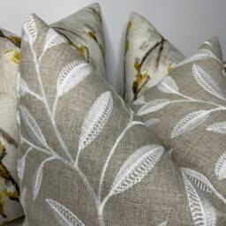 Iliv Whitewell Linen Fabric , Embroidered Leaf Trial Cushion Cover, Pillow Cover - Beige Natural- White Double Sided - thumbnail 2