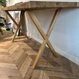 Foret Solid Oak Straight Edge Rustic Wood X Leg Dining Table Desk Handcrafted With - thumbnail 4
