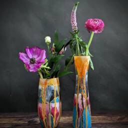 Colourful Vase Vibrant Painted Bud Glass Unique Design Artisan Bright Handmade Gift Textured Mantelpiece Decoration - thumbnail 3