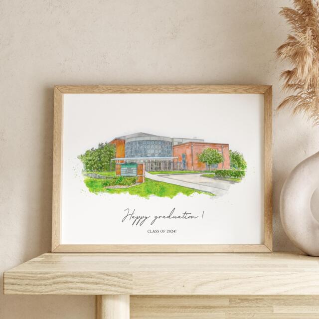 School Graduation Print, Kids To Teacher Gifts, Custom Painting, College Drawing, Campus Personalized Gift, 1st Unique Gift - image 1