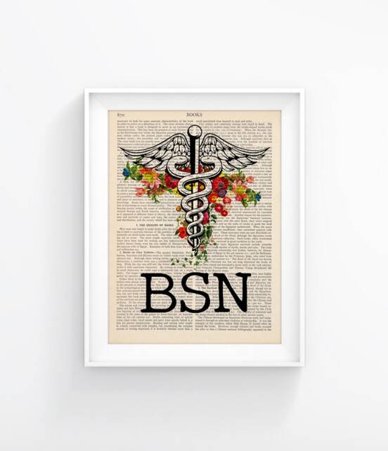 Nurse Bsn Illustration, Caduceus Medical Symbol Vintage Book Print Graduation Gift, Nursing School, Pinning Ceremony 160 - image 1