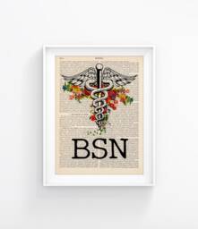 Nurse Bsn Illustration, Caduceus Medical Symbol Vintage Book Print Graduation Gift, Nursing School, Pinning Ceremony 160 - thumbnail 1