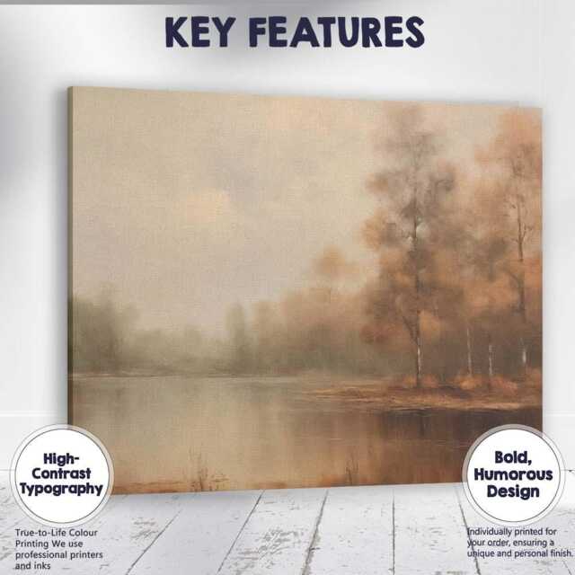 Misty Woodland Lake Autumn Reflection Landscape Painting Canvas Wall Art Print Decor Picture Ready To Hang - image 1