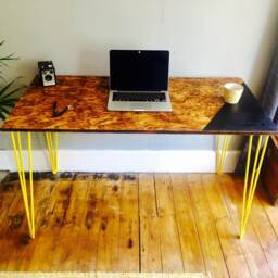 Osb Industrial Desk With Yellow Steel Hairpin Legs & Chalk Board Zone - thumbnail 3