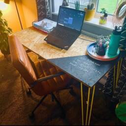 Osb Industrial Desk With Yellow Steel Hairpin Legs & Chalk Board Zone - thumbnail 1