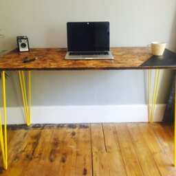 Osb Industrial Desk With Yellow Steel Hairpin Legs & Chalk Board Zone - thumbnail 2