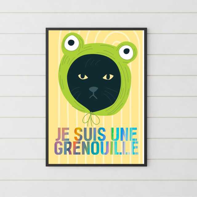 Funny Frog Cat A4 Poster Print, High Quality Cartoon Art, French Wall Decor, Original Artist Vibrant Quirky Decor - image 1