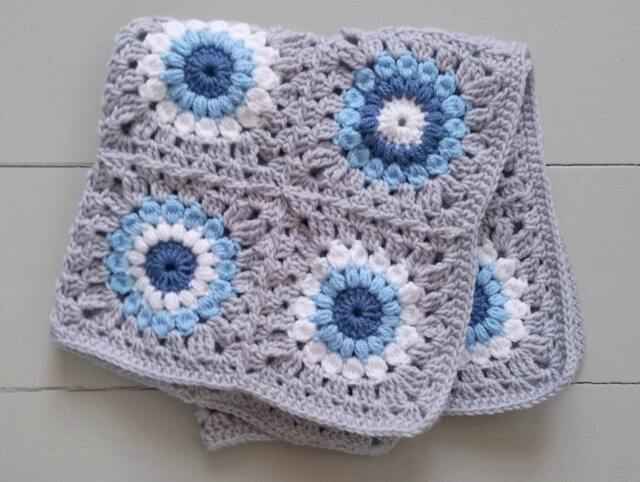 Rts Granny Squares Crochet Layering Baby Blanket in Grey & Blues/ Handmade Posing Photo Prop - image 1