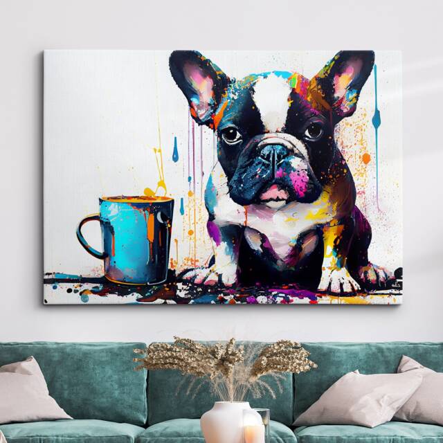 French Bulldog With Coffee Mug Dog Pet Abstract Modern Painting Wall Art, Framed Canvas Poster Print, Home Kitchen Office Room Decor, Gifts - image 1