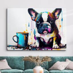 French Bulldog With Coffee Mug Dog Pet Abstract Modern Painting Wall Art, Framed Canvas Poster Print, Home Kitchen Office Room Decor, Gifts - thumbnail 1