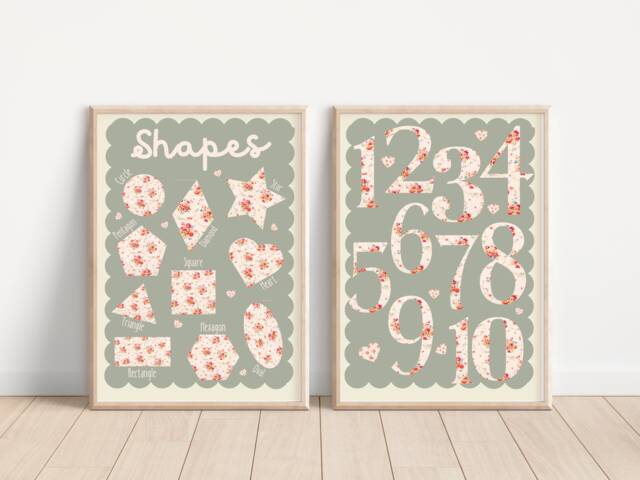 Numbers & Shapes Prints. Pretty Ditsy Flower, Girls Educational Prints - Prints Only - image 1
