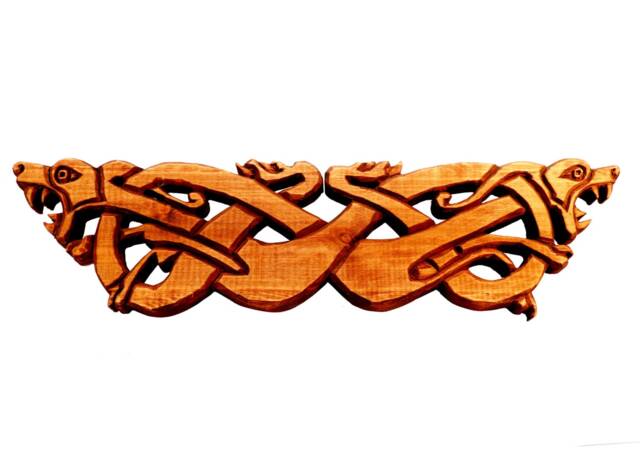 Wooden Hand Carved Urnes Style Viking Wall Hanging, Two Wolves Carving, Decor, Room Decoration - image 1