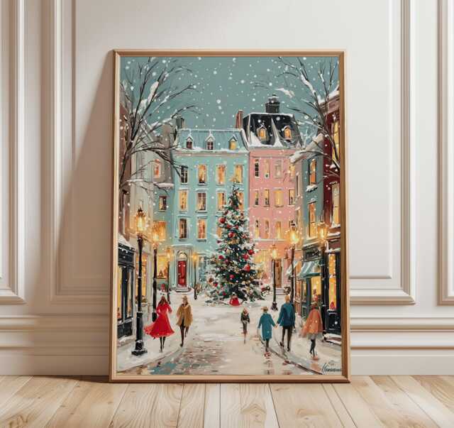 European Christmas Street Art Print, Winter City Scene Wall Art, Festive Holiday Illustration With Snow, Tree & Lamp Post Decor - image 1
