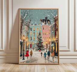 European Christmas Street Art Print, Winter City Scene Wall Art, Festive Holiday Illustration With Snow, Tree & Lamp Post Decor - thumbnail 1