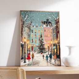 European Christmas Street Art Print, Winter City Scene Wall Art, Festive Holiday Illustration With Snow, Tree & Lamp Post Decor - thumbnail 2