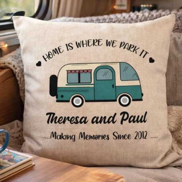 Personalised Caravan Cushion, Colourful Camper Van Pillow, Home Is Where We Park It Gift, Lover Gift - image 1