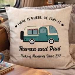 Personalised Caravan Cushion, Colourful Camper Van Pillow, Home Is Where We Park It Gift, Lover Gift - thumbnail 1