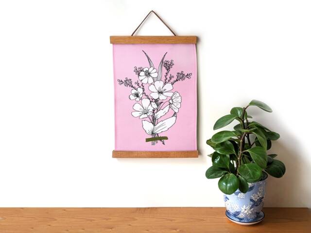 Handmade Floral Wall Tapestry Pink Linen Cotton With Magnetic Wood Hangers - image 1