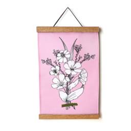 Handmade Floral Wall Tapestry Pink Linen Cotton With Magnetic Wood Hangers - thumbnail 2