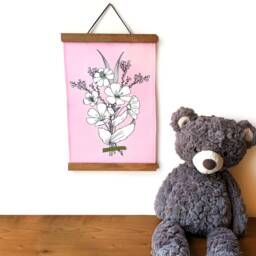 Handmade Floral Wall Tapestry Pink Linen Cotton With Magnetic Wood Hangers - thumbnail 3