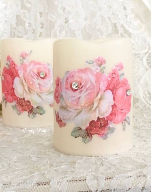 Shabby Chic Flameless Candles Pink Roses, Glitter Jewels - Set Of 2 - image 1