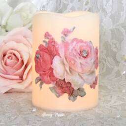 Shabby Chic Flameless Candles Pink Roses, Glitter Jewels - Set Of 2 - thumbnail 2