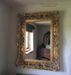 Chunky Wood Large Heavy Antique Gold Leaf Statement French Ornate Over Mantle Beveled Wall Mirror 4 Ft X 3Ft